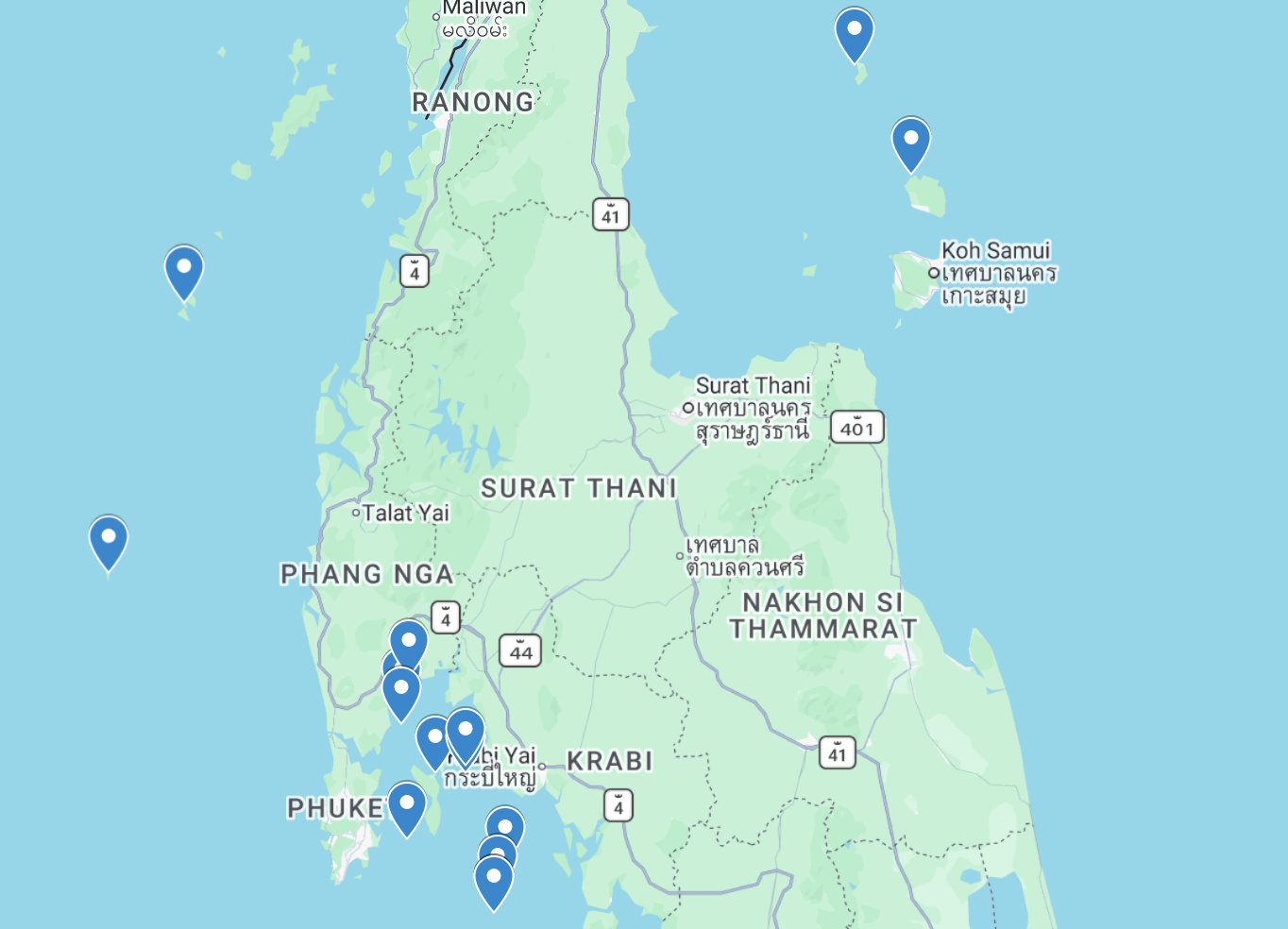 Map showing the 15 most beautiful islands and island destinations in Thailand